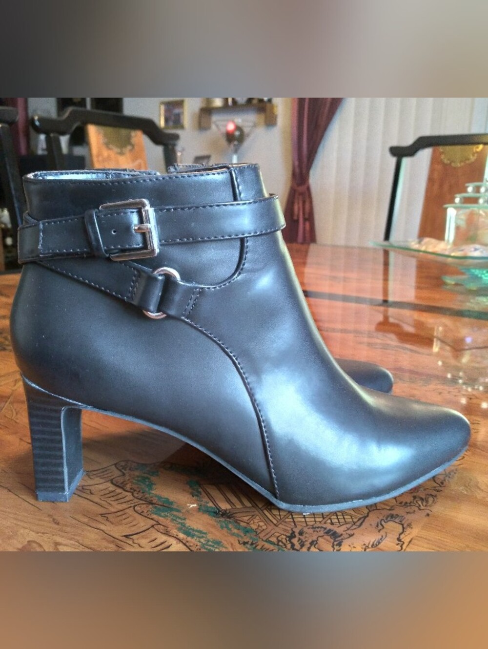 Women's Chaps Nadie Black Faux Leather Ankle Boots With Silver Buckle Sz 6.5 EUC